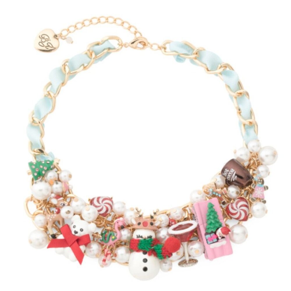Betsey Johnson Christmas Statement Necklace Snowman Reindeer Cocoa Teddy Santa